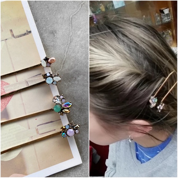 Vintage pink and green embellished hair pins - Picture 7 of 8